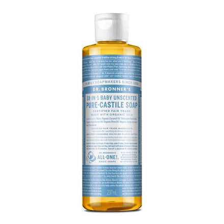 Dr. Bronner’s Pure-Castile Magic Liquid Soap (Baby Unscented, 8 Ounce)- Made with Organic Oils, 18-in1 Uses: Face, Body Wash, Baby Soap, Sensitive Skin, No Added Fragrance, Vegan, Non-GMO