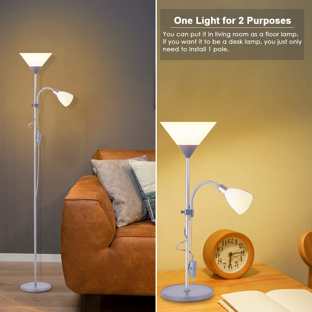 INMOZATA Mother and Children Floor Lamp Uplighter 2 Way Floor Light Reading Light with Double Button Control for Living Room Bedroom (White & Sliver)