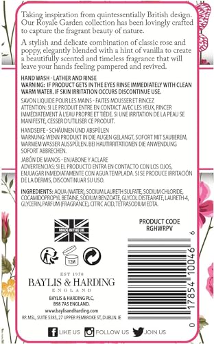 Baylis & Harding Liquid Hand Soap Wash with Dispenser, Royale Garden, Rose, Poppy & Vanilla, 16.9oz/500ml (6-Pack)