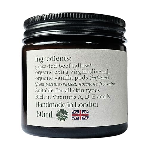 Whipped Tallow Cream - Grass-Fed, Halal Beef Tallow Skincare with Organic Olive Oil - Seed Oil Free, Face Cream & Body Moisturiser for Dry Skin & Eczema Relief (60ml, Organic Vanilla)