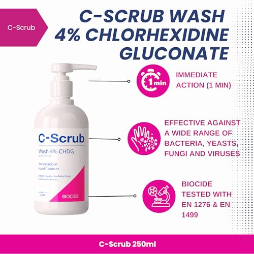 C-Scrub Wash Chlorhexidine 4% w/v | 250ml | Anti-Microbial Hand, Skin Cleanser | Pump Dispenser Included