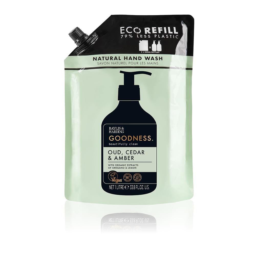 Baylis & Harding Goodness Oud, Cedar & Amber Hand Wash 1 Litre Pouch Refill (Pack of 4) - Vegan Friendly