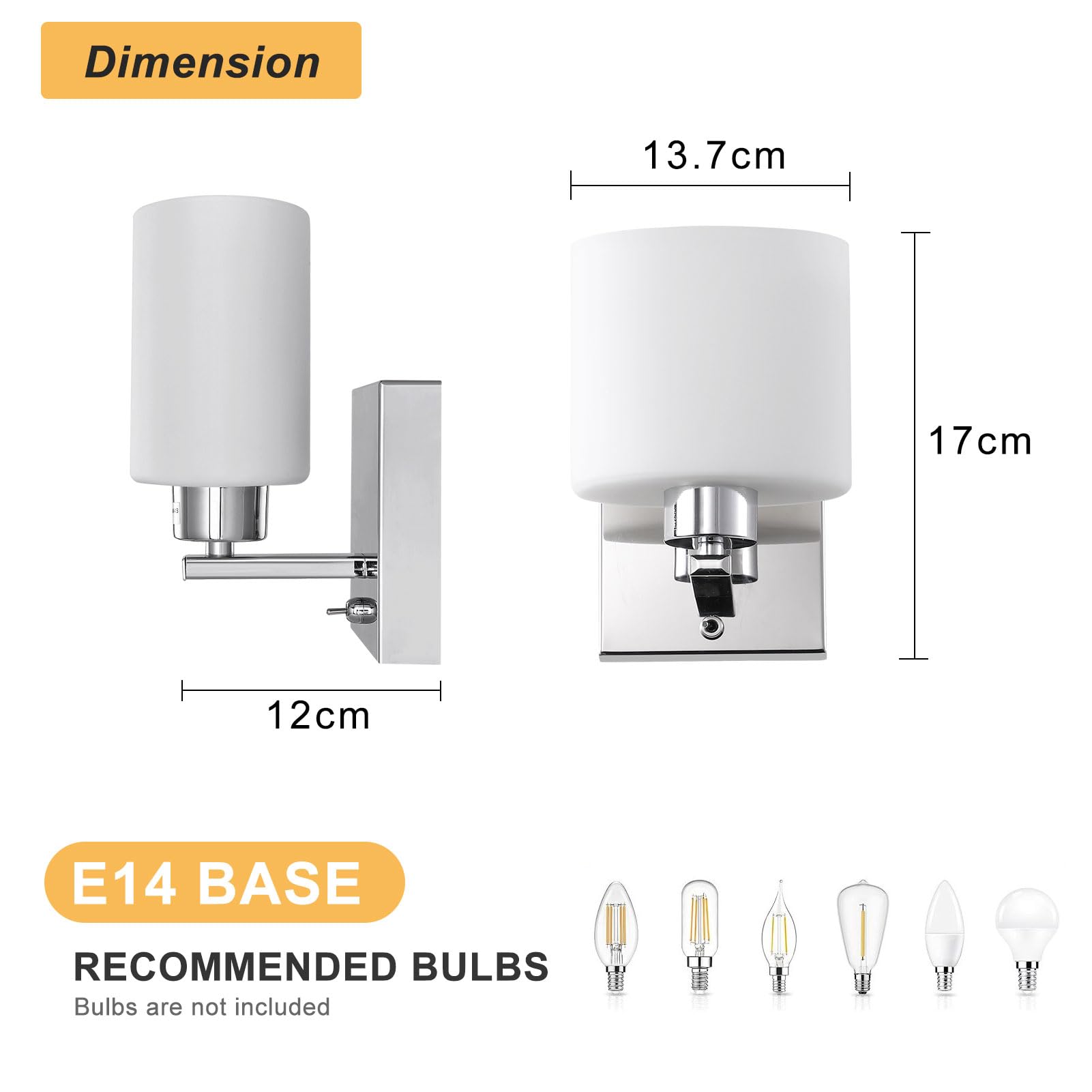 ELINKUME 1xE14 Wall Light with ON/Off Toggle Switch, Polished Chrome Finish, Oval Cylinder Shape Glass Shade, Suitable for LED Upgrade