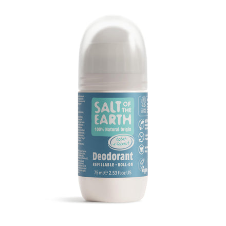 Salt of the Earth - Natural Refillable Roll On Deodorant - Ocean & Coconut - Effective Long-Lasting Protection, 100% Natural ingredients, Eco friendly & Vegan - for Women, Men & Kids - 2.54 oz