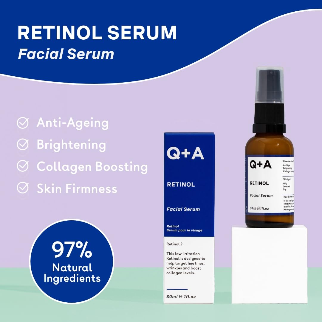 Q+A Retinol Facial Serum, with Bisabobol and Squalane to sooth the skin whilst delivering youth-boosting benefits, targets fine lines, renews uneven skin tone, and leaves skin feeling smooth, 30ml
