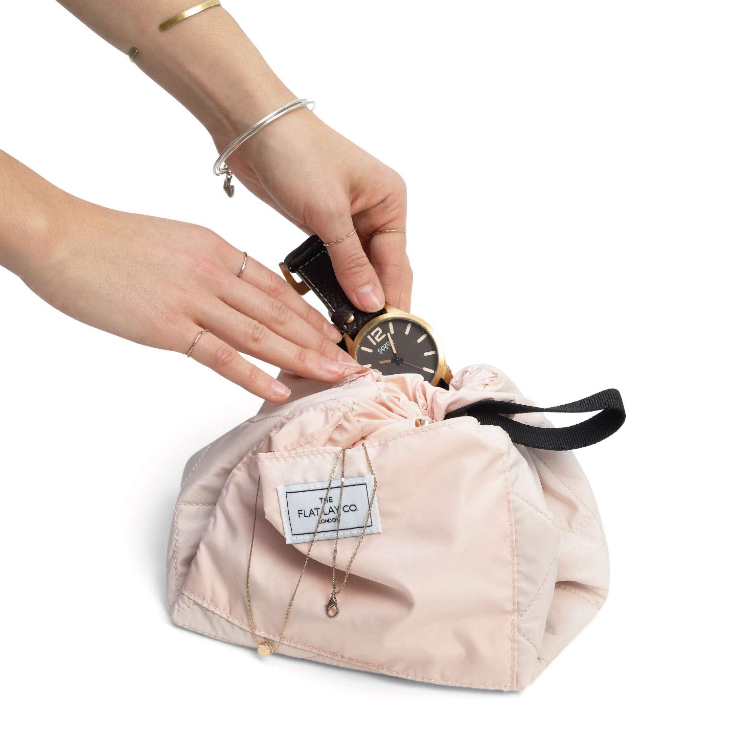 The Flat Lay Co. Makeup Bag - Blush Pink Travel Make Up Organiser for Cosmetics, Eyeshadow, Make-Up Brushes, Lipstick & Tools - Drawstring Makeup Bag Storage with Brush Holder & Large Pockets