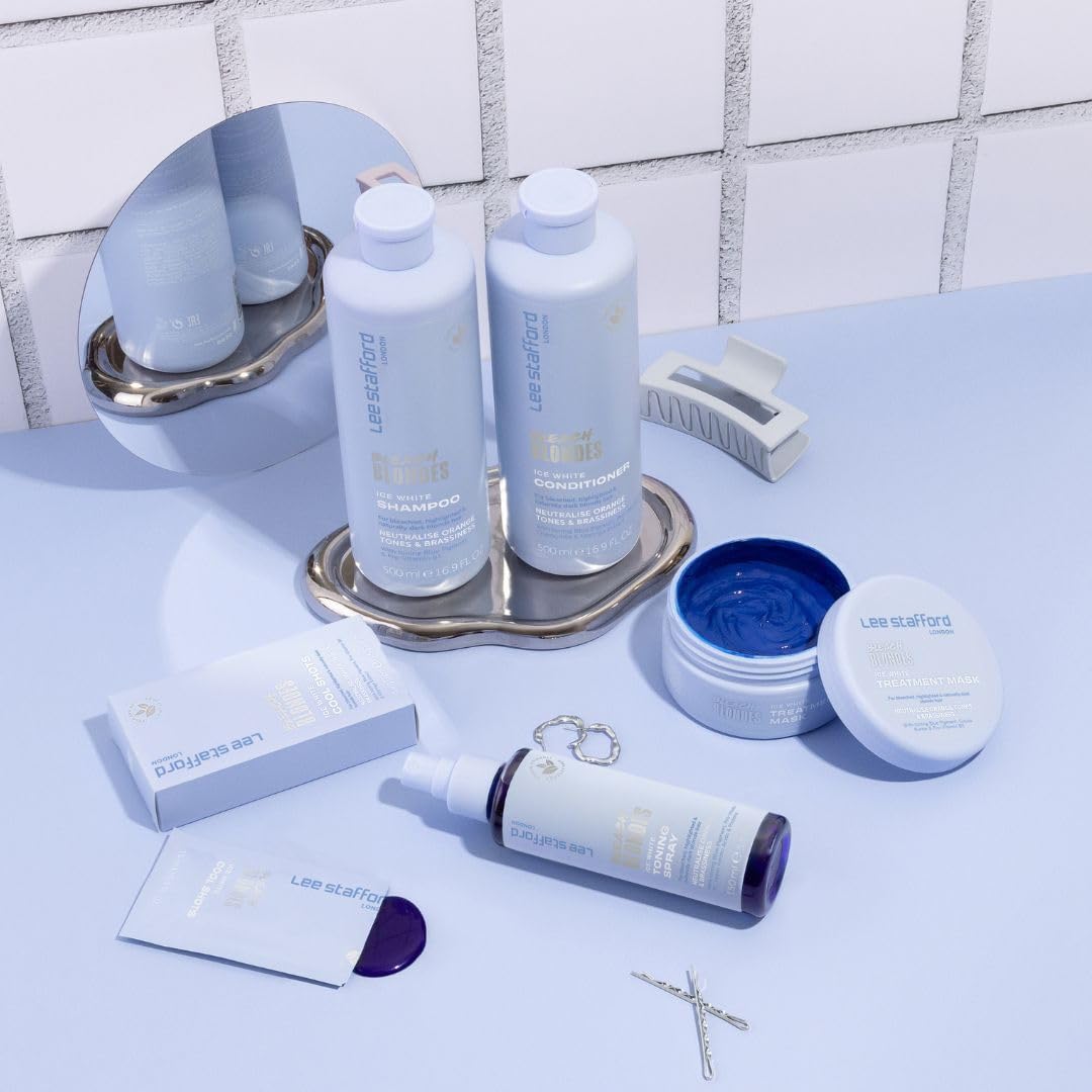 Lee Stafford Blue Toning Shampoo | Bleach Blonde Ice White - Corrects Brassy & Yellow Orange Tones to Silver Platinum, Great for HIghlighted, Bleached, & Naturally Dark Hair, No Purple, 250 ml