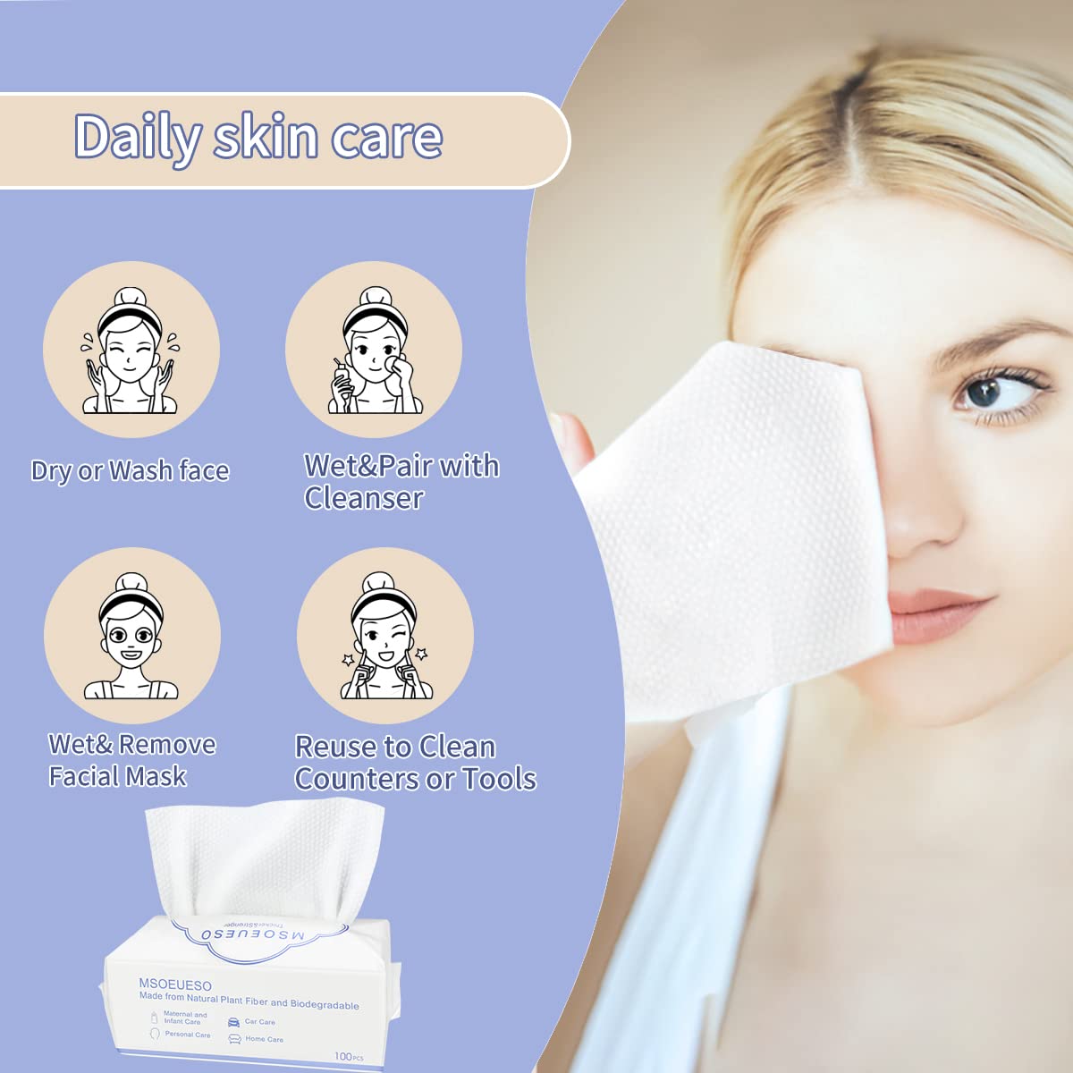 Disposable Face Towel, MSOEUESO 100% Cotton Facial Tissues, Wet Dry Face Cloths, Biodegradable Dry Wipes, Makeup Remover Wipes, Ultra Soft for Adults and Baby 200 count, 2pack