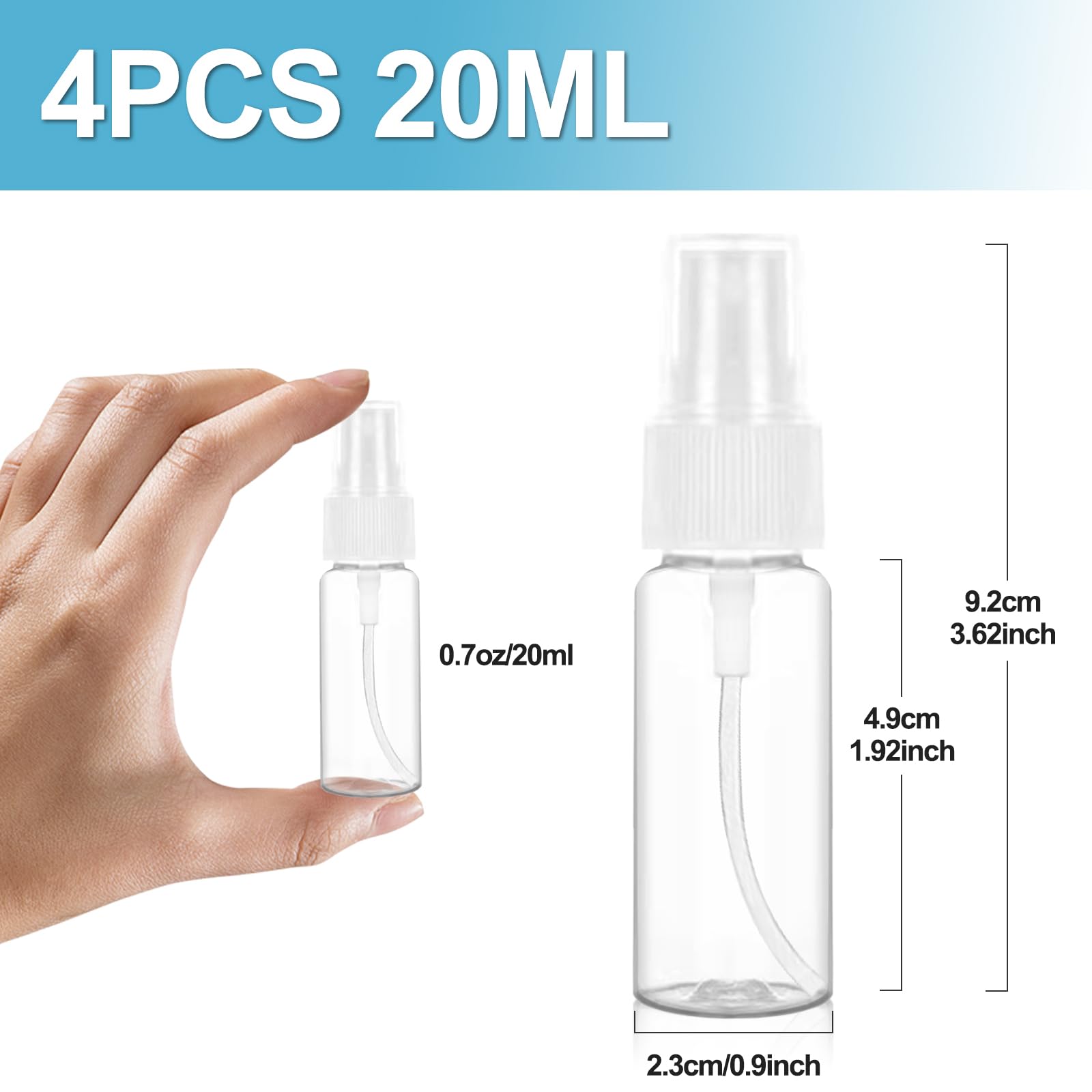 Redamancy 4 Pieces 20 ml Empty Spray Bottle, Small Spray, Spray Bottle, Transparent Plastic Spray Bottle, Portable Refillable Bottle for Liquid Travel Cosmetic, B20HSPWP