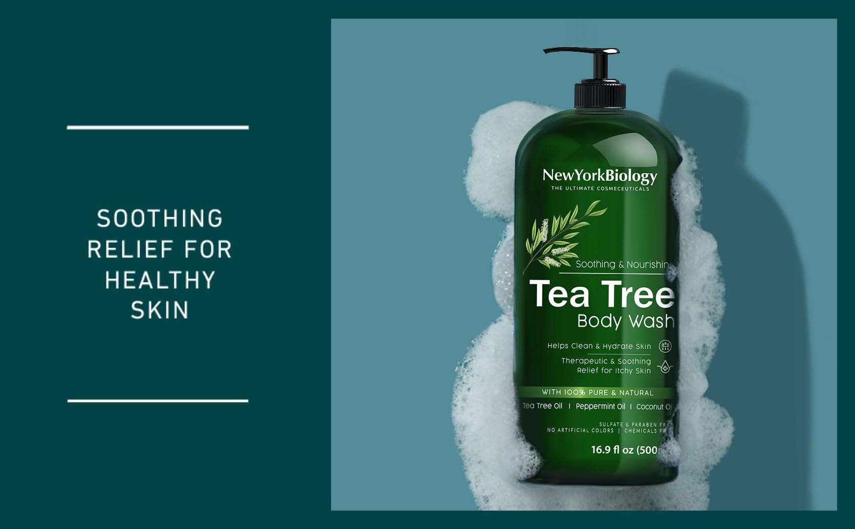 New York Biology Tea Tree Body Wash - Helps Nail Fungus, Athletes Foot, Ringworms, Jock Itch, Acne, Eczema & Body Odor, Soothes Itching & Promotes Healthy Skin and Feet - 500 ml