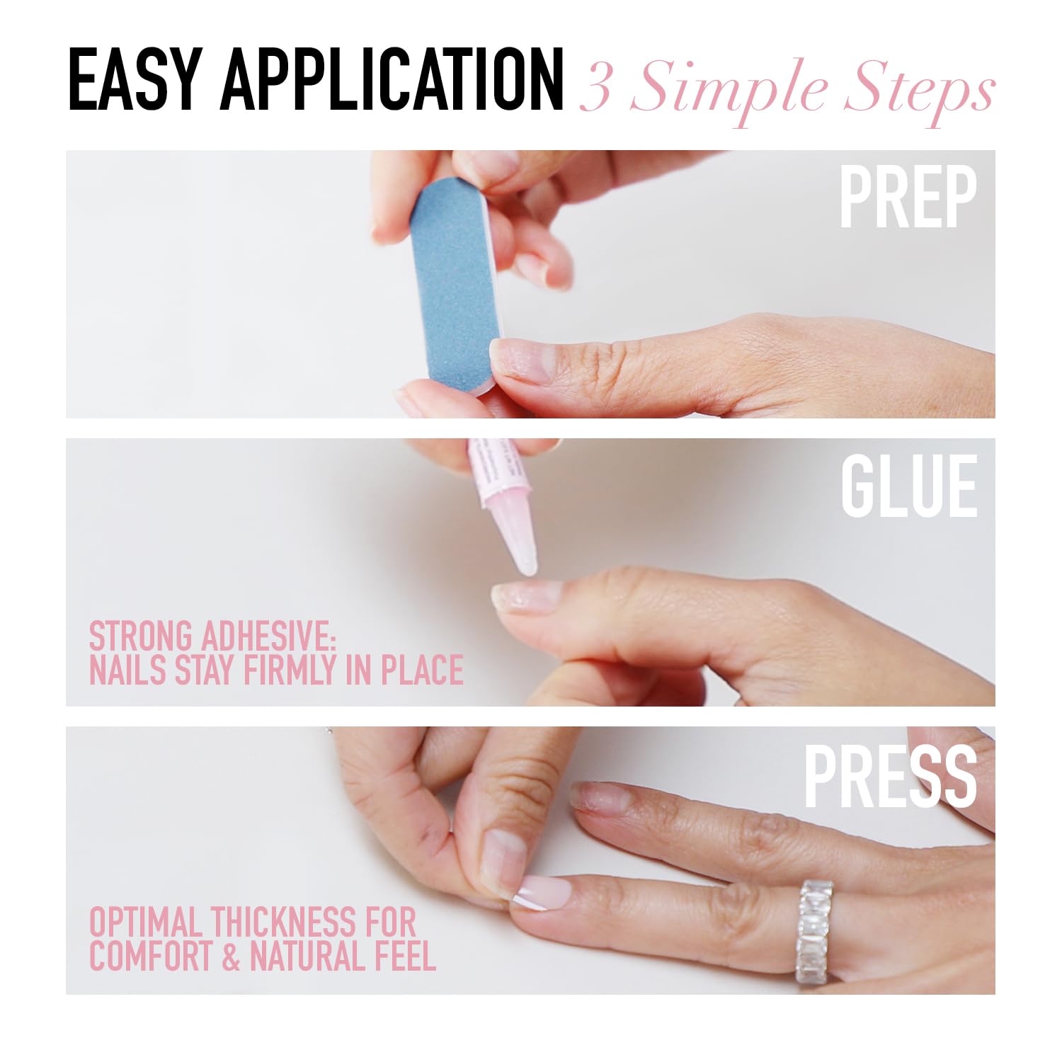 Glamnetic Press On Nails - Caviar | Semi-Transparent, Short Almond Nails, Reusable | 15 Sizes - 30 Nail Kit with Glue