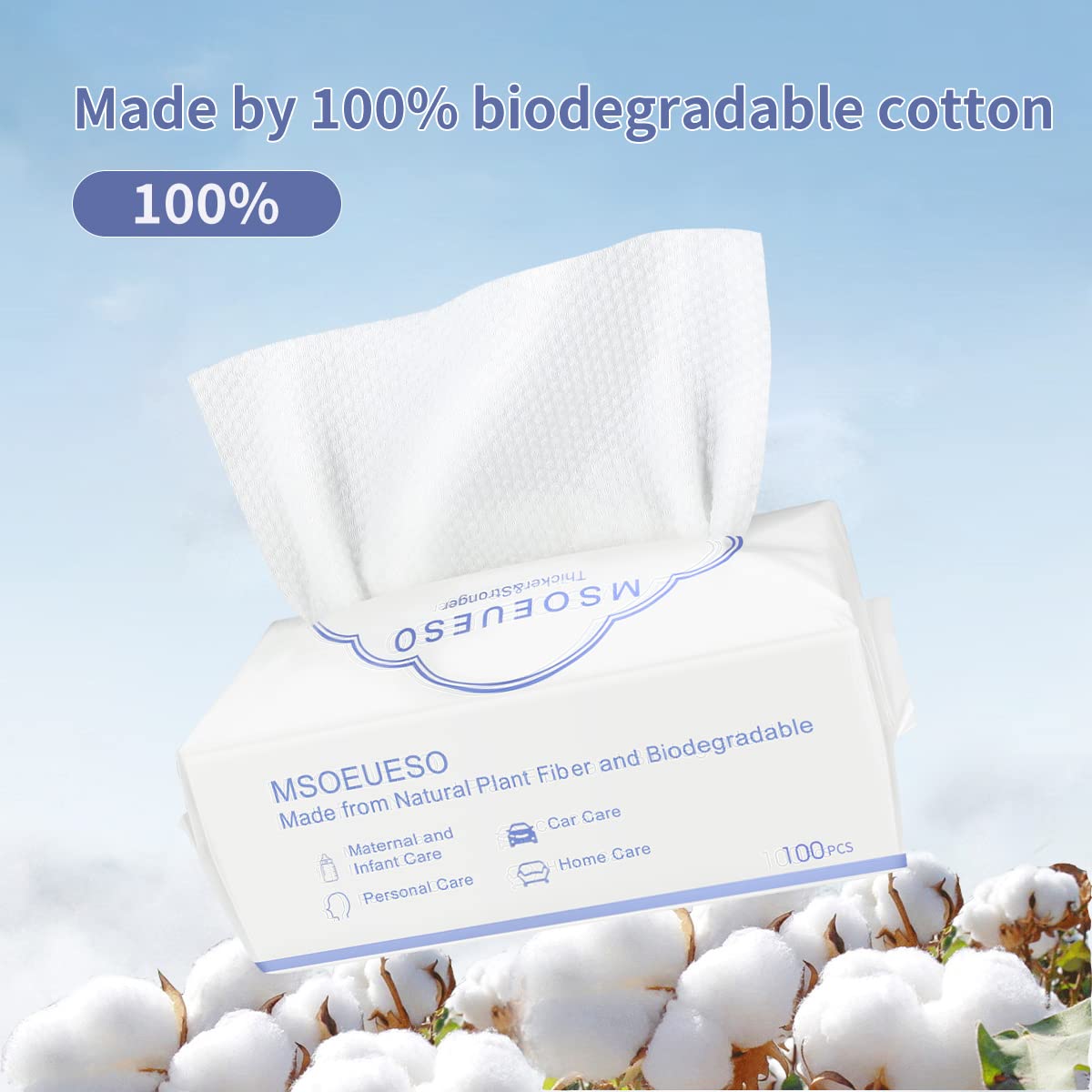 Disposable Face Towel, MSOEUESO 100% Cotton Facial Tissues, Wet Dry Face Cloths, Biodegradable Dry Wipes, Makeup Remover Wipes, Ultra Soft for Adults and Baby 200 count, 2pack