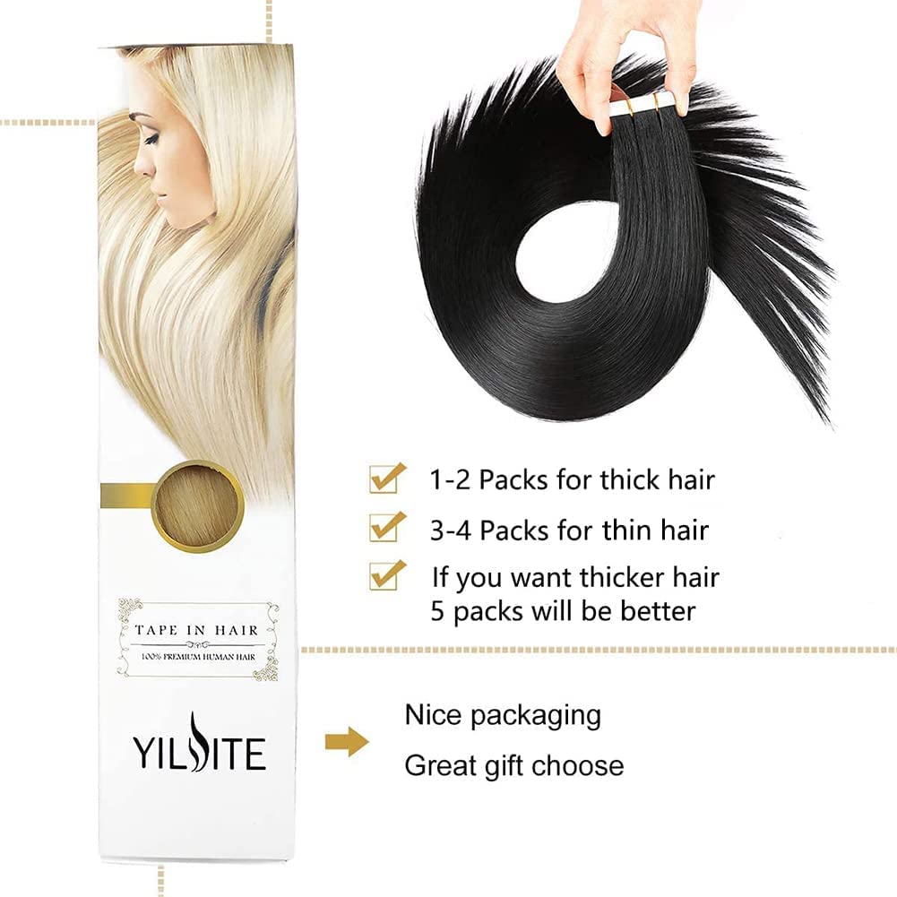 YILITE Tape in Hair Extensions Human Hair #1 Jet Black 16 inch 20pcs 40g/pack Invisible Straight Seamless Skin Weft Remy Hair Extensions Tape in Human Hair(16 inch #1 Jet Black)