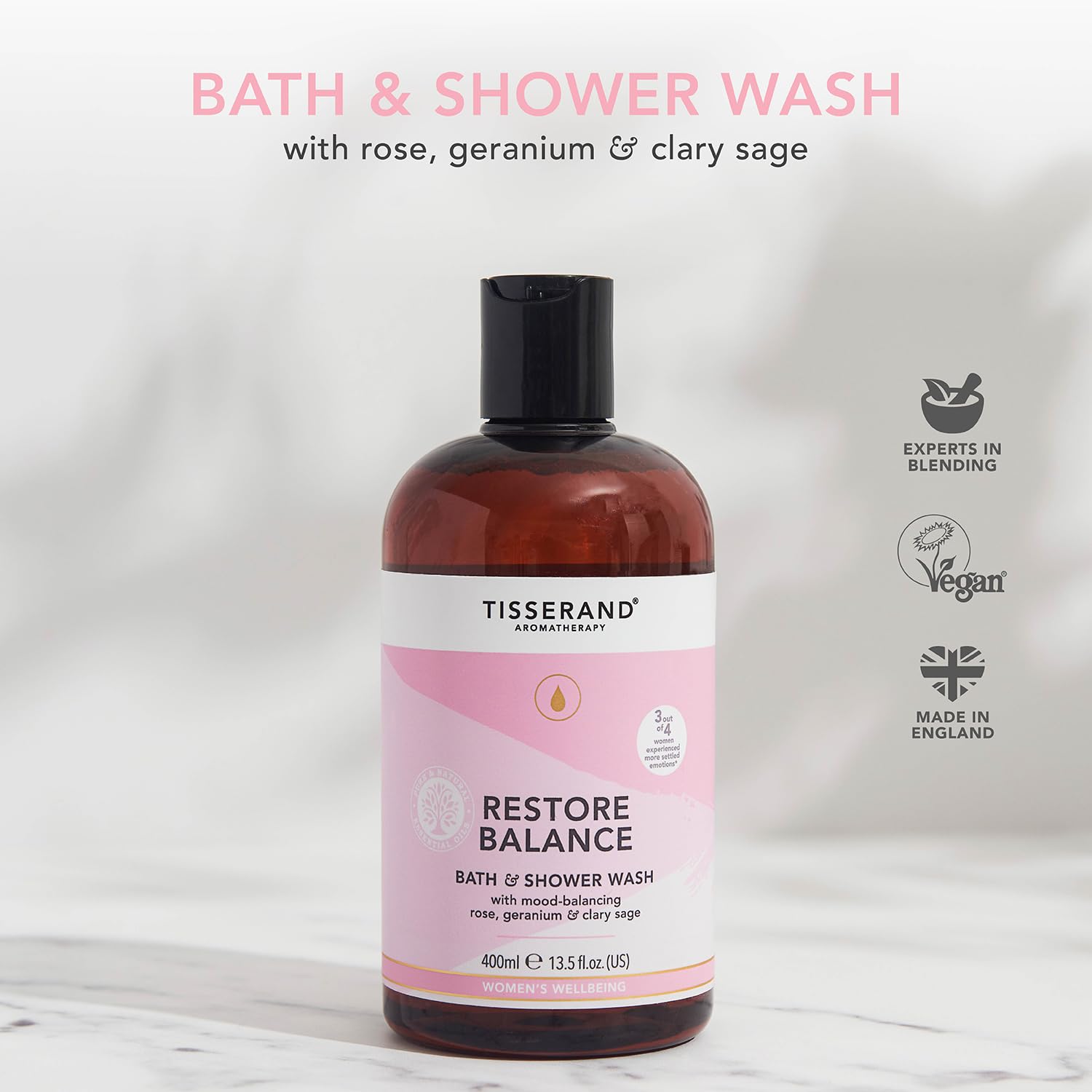 Tisserand Aromatherapy - Restore Balance Bath & Shower Wash - Perimenopause, Menopause & Menstruation Support for Women - Rose, Clary Sage & Geranium - 100% Natural Essential Oils - 400ml