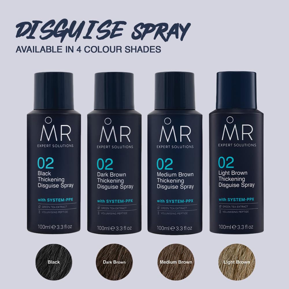 MR Dark Brown Thickening Disguise Spray for Men, Conceals Bald Patches and Thinning Hair + Protect Appearance of Thicker Hair with System PPX & Green Tea Extract, 100ml