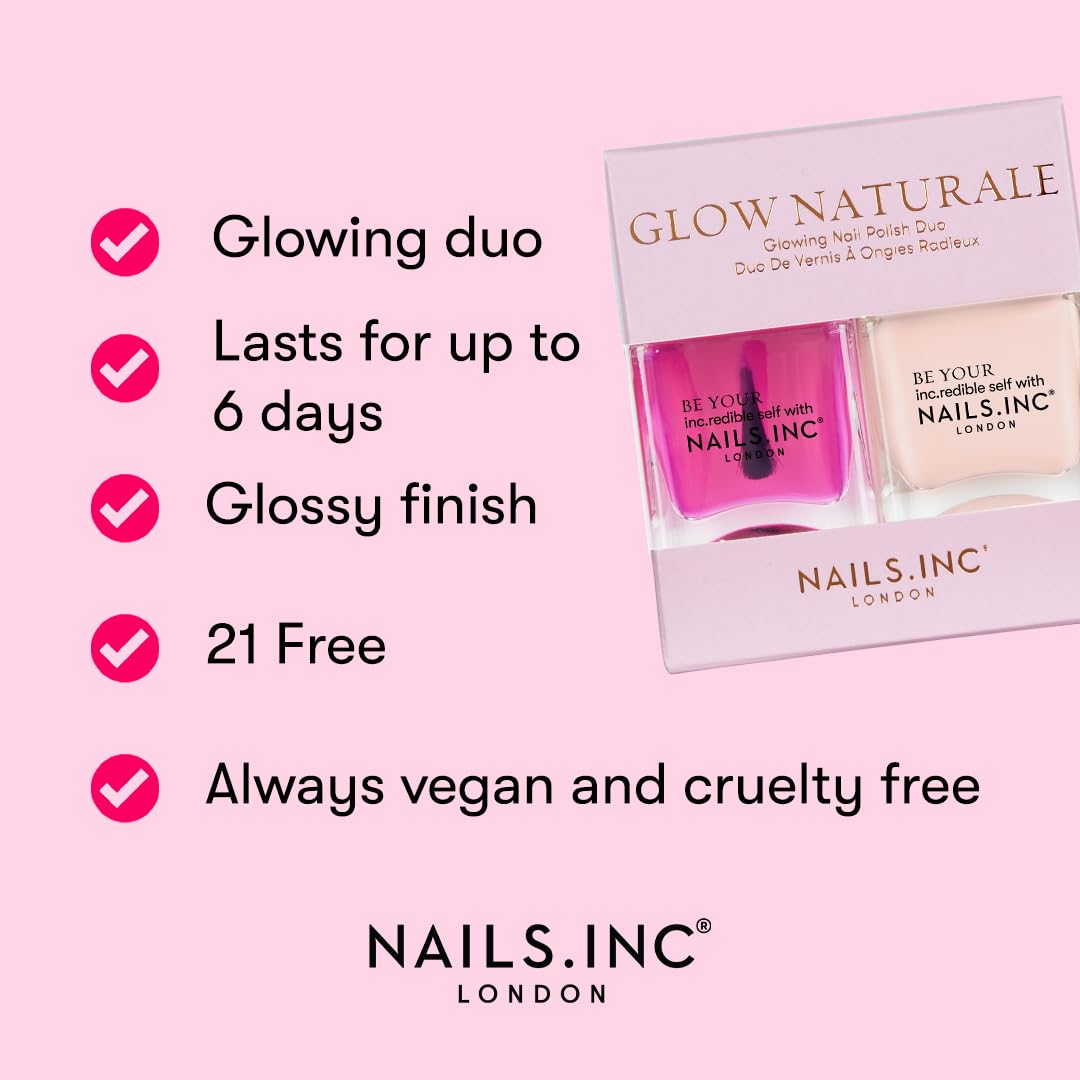 Nails Inc Glow Naturale Nail Polish Duo, Long Lasting, Glow Enhancing Nail Colors, Easy Manicure Look, Cruelty Free, Vegan, 21 Free Formula, Glowing My Way, Got Me Glowing, 2 Piece Set