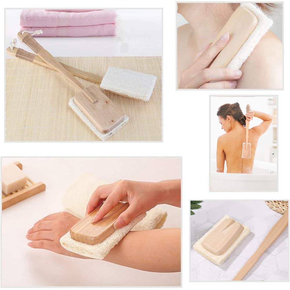 4 Pcs Loofah Exfoliating Back Scrubber Set,100% Natural Luffa Body Bath Sponge Pad,Double Side Scrubbing Strap,Back Exfoliator with Long Wooden Handle,Back Brush Washer for Shower and Bath Spa
