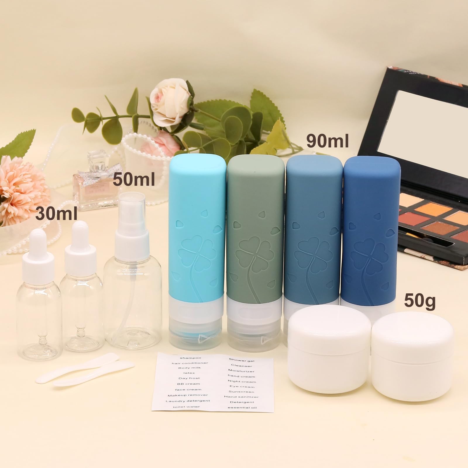 SAHMVER 12 Pcs Travel Bottles for Toiletries, Travel Size Containers with Cream Jars, Airplane Travel Essentials Leak Proof Silicone Squeezable Travel Accessories for Shampoo Conditioner Lotion Cream