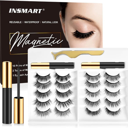 INSMART 10 Pairs False Eyelashes - Upgraded 3D 5D Magnetic Eyelashes & Magnetic Eyeliner Kit with 2 Tubes of Eyeliner & Tweezers - Natural Look, No Glue