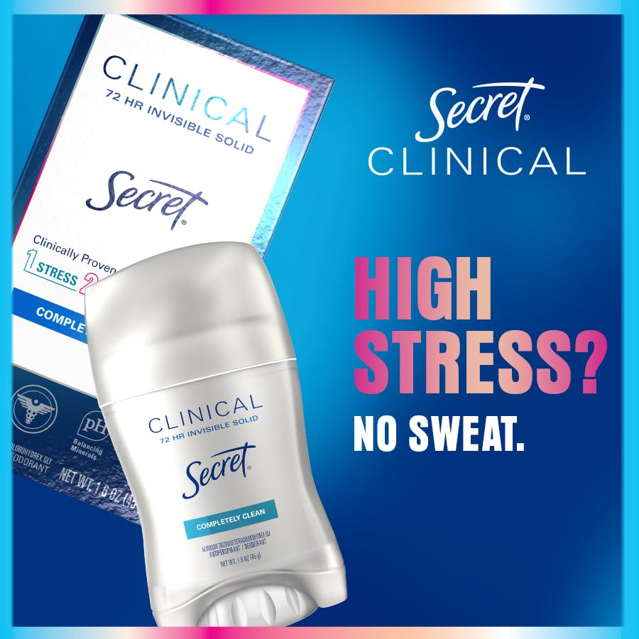 Secret Clinical Strength Antiperspirant Deodorant for Women, 3X Stress Protection, 72hr Sweat & Odor Protection, PH Balancing Minerals, Invisible Solid, Completely Clean Scent, 1.6 oz