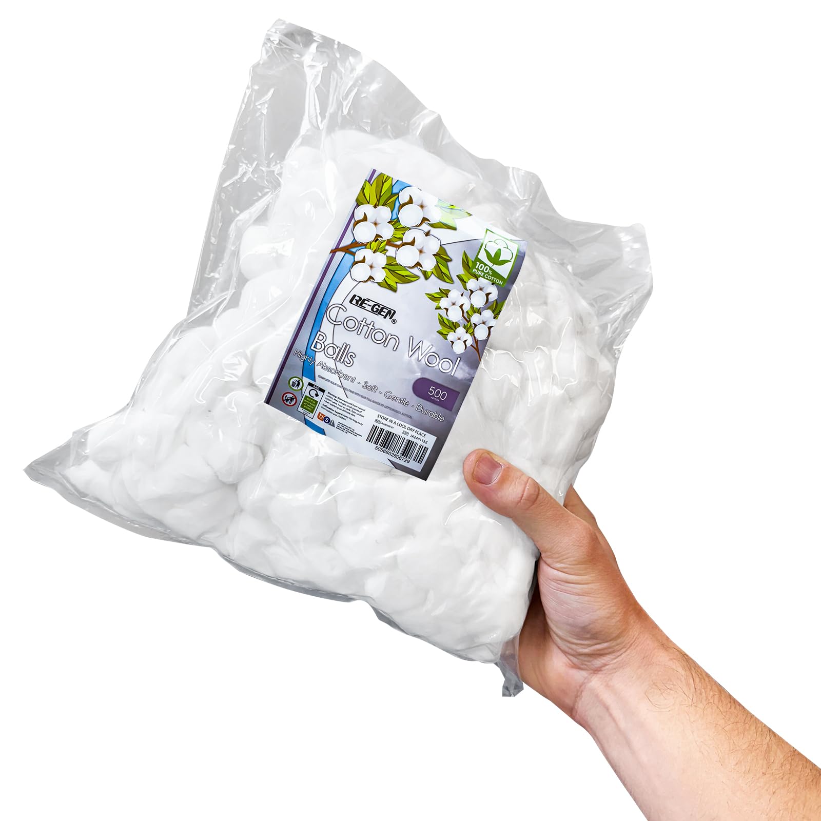 2500pc Full Box (5X 500pc Bags) | RE-GEN 100% Natural Cotton Wool Balls Healthcare Dressing Cleaning Cotton Wool Pads | Ideal for First Aid, Health & Beauty, Personal Care, Cosmetics