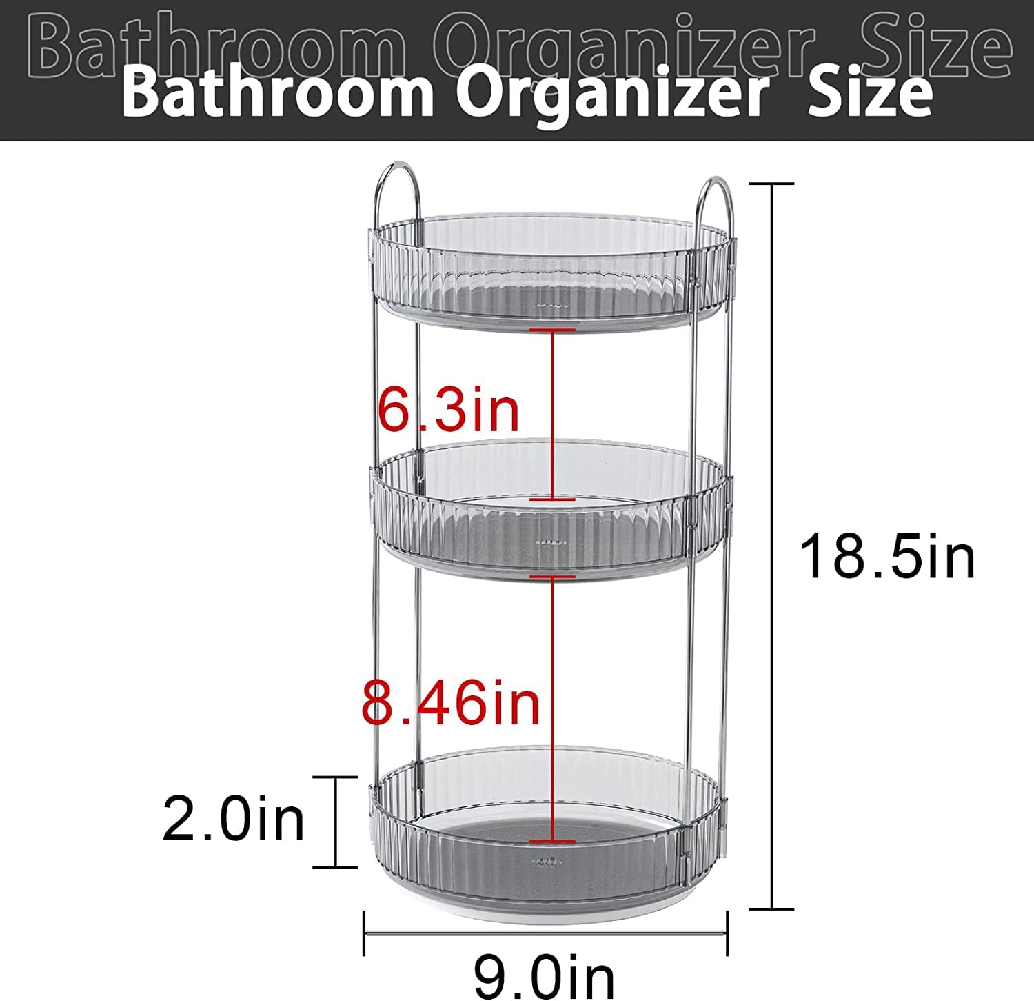 Bingobang Makeup Organiser 360 Rotating, Spinning 3 Tiers Skincare Cosmetic Organizer Acrylic Large, Tidy Storage Shelf for Perfume, Jewelery, Brush, Vanity Desk, Dresser, Bedroom, Bathroom (Grey)