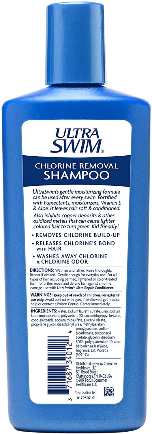 UltraSwim Chlorine Removal Shampoo. Moisturising Formula. Removes Chlorine and Chlorine Odour With Just One Use, Can Be Used After Every Swim. 207 Millilitres