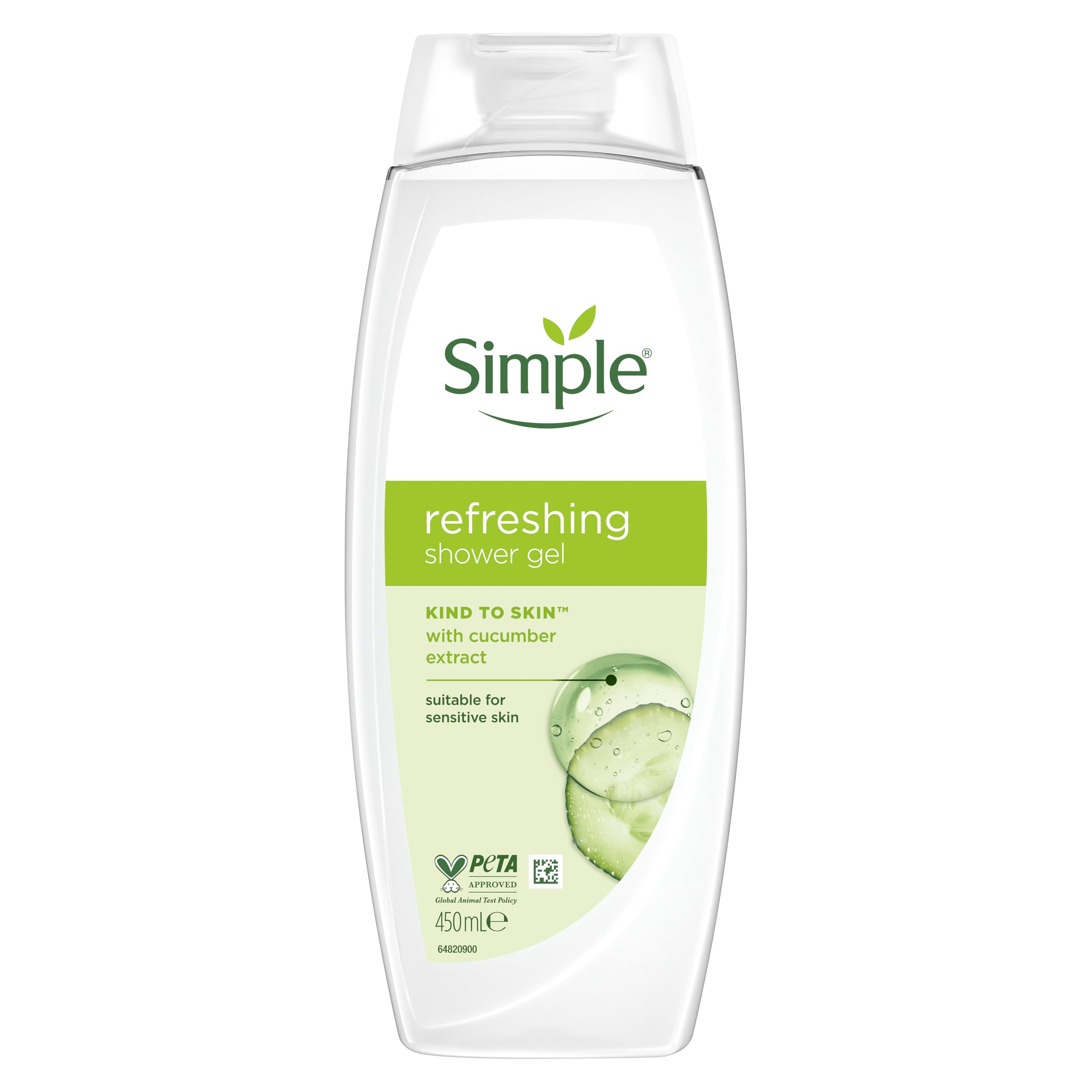 Simple Kind to Skin Refreshing Shower Gel Body Wash with cucumber extracts and pro-vitamin B5 for sensitive skin 6x 450 ml