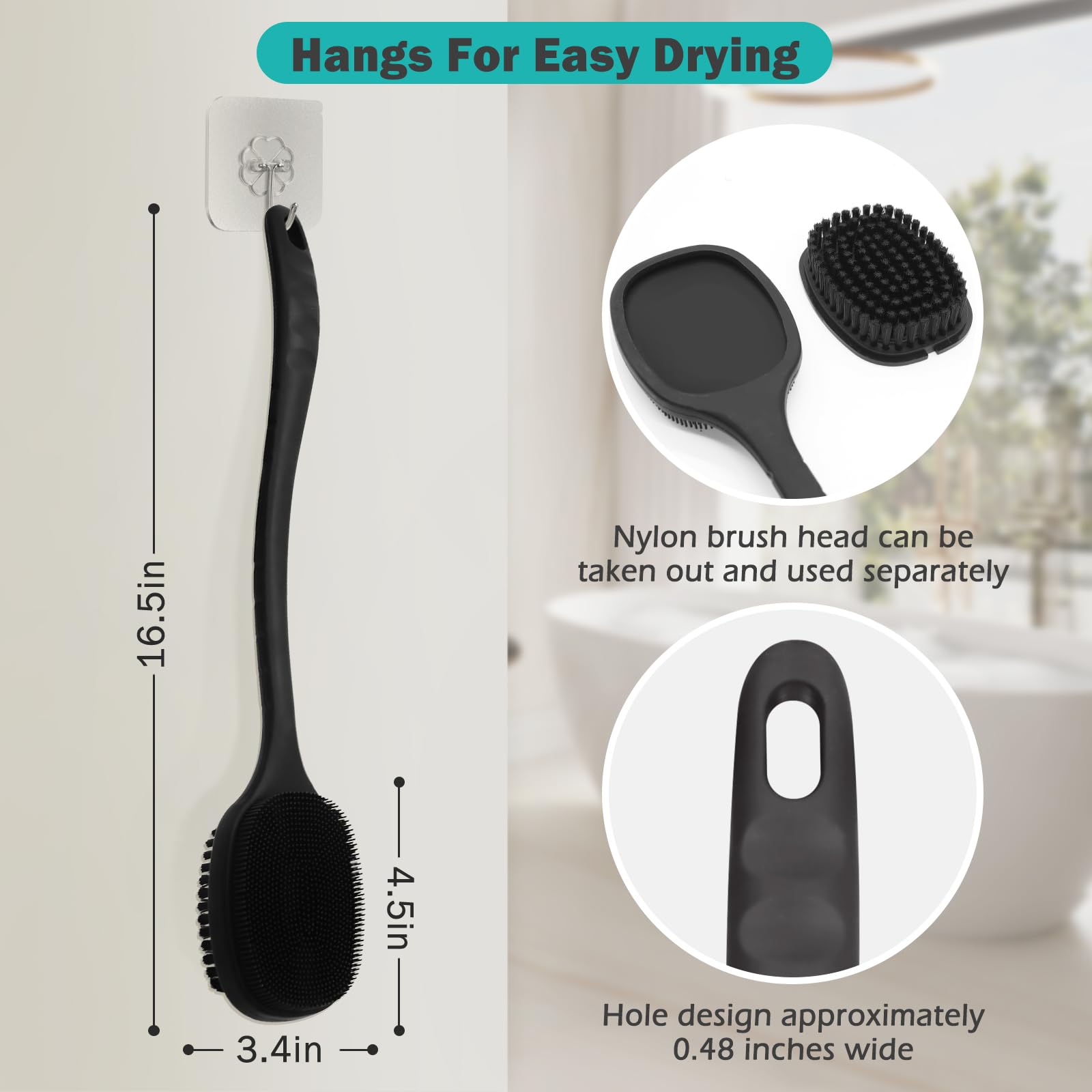 Row&Keep Back Scrubber for Shower, New Updated, Reversible Body Scrub Brush, Long Handle, Comes with Soft Silicone Bristles and Stiff Nylon Bristles for Shower Scrubbing and Massage
