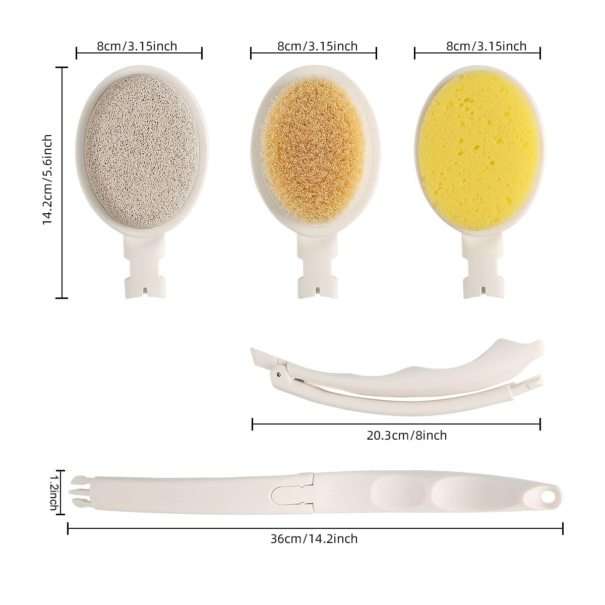 LFJ Bath Brush, 3 in 1 Foldable Long Handle Body Back Scrubber with Brush Sponge Pumice Head for Shower, Exfoliating or Dry Skin Brushing