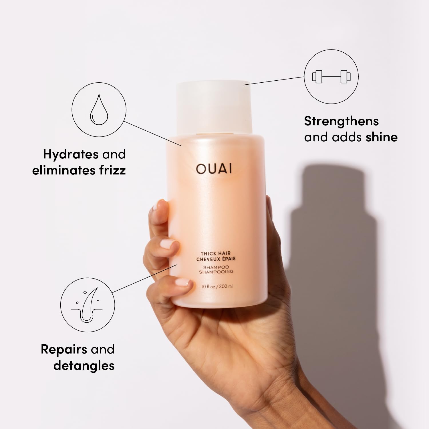 OUAI Thick Shampoo + Conditioner Set - Fight Frizz and Nourish Dry, Thick Hair with Keratin, Marshmallow Root, Shea Butter & Avocado Oil - Free of Parabens, Sulfates & Phthalates - 300 ml Each