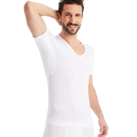 FINN Anti-Sweat Men's Shirt with V-Neck and Built-in Armpit Sweat Pads to Combat Excessive Sweating - Undershirt with Guaranteed Protection Against Sweat Stains and Odour White M