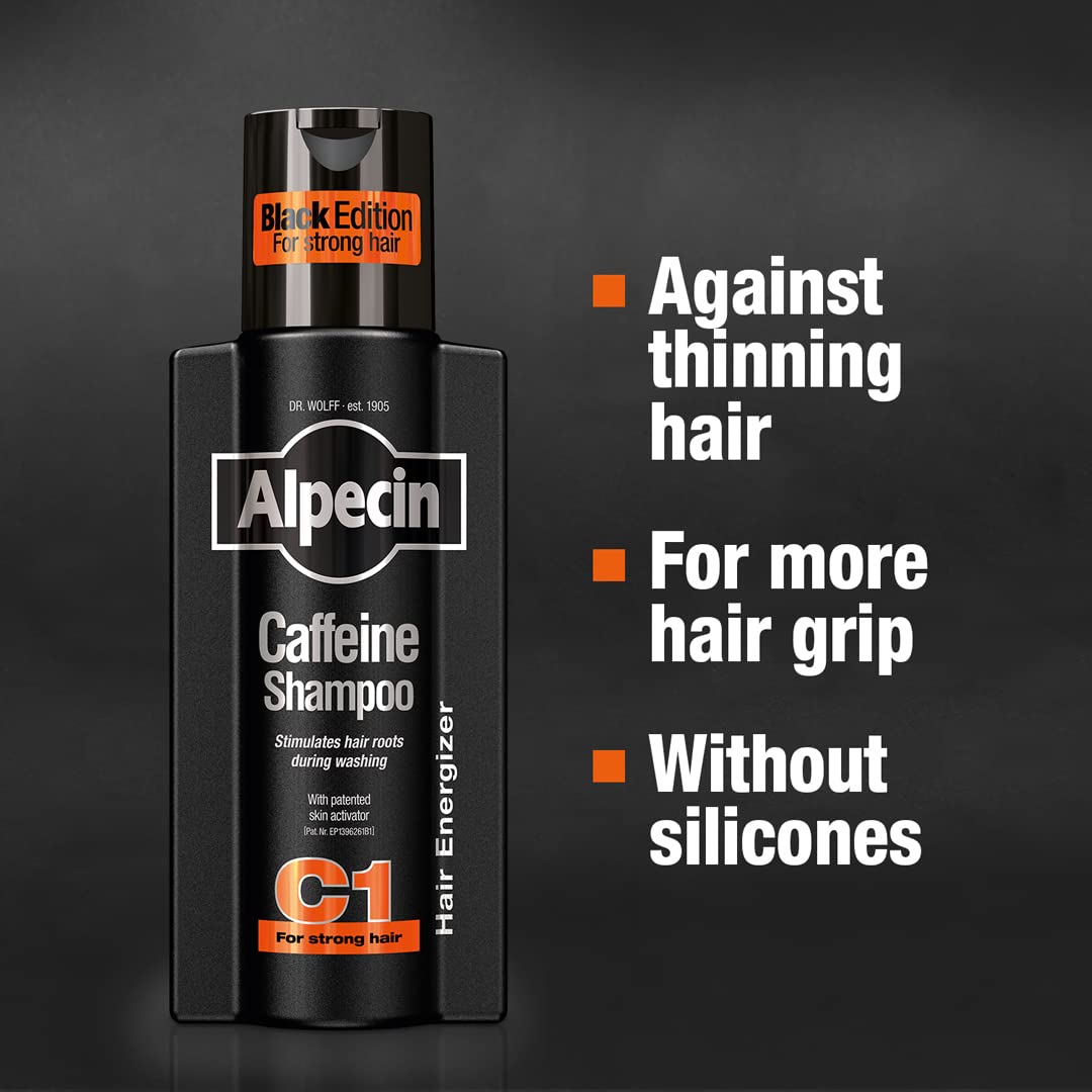 Alpecin Caffeine Shampoo C1 Black Edition - 3 x 250 ml - with new fragrance | Natural hair growth for men | Energy for strong hair | Hair Care for Men Made in Germany