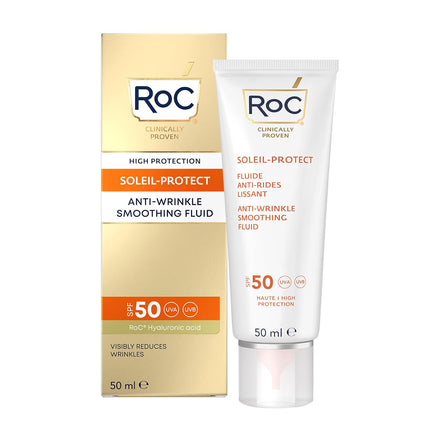 RoC Soleil-Protect Anti-Wrinkle Smoothing Fluid SPF50+ | Moisturiser with Hyaluronic Acid, Sun Cream for Face | 50 ml