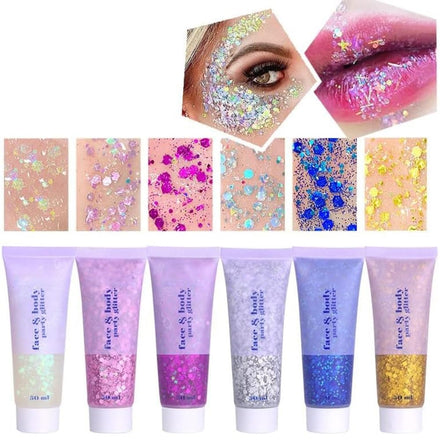 Beliky Girl Body Glitter Gel, 50ML Face Glitters Body Gel Sequins Shimmer Liquid Eyeshadow, Mermaid Sequins Liquid Holographic Glitter Gel, Chunky Glitter for Face Hair Nails Set 6Pcs