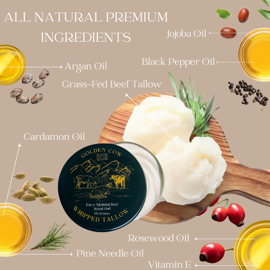 Beef Tallow Whipped Balm – Grass Fed Beef Tallow Face Cream & Moisturiser - Oud Scented 60g Golden Cow Hydrating Whipped Balm for Dry Skin - Natural Skin care for Face & Body by Forticare