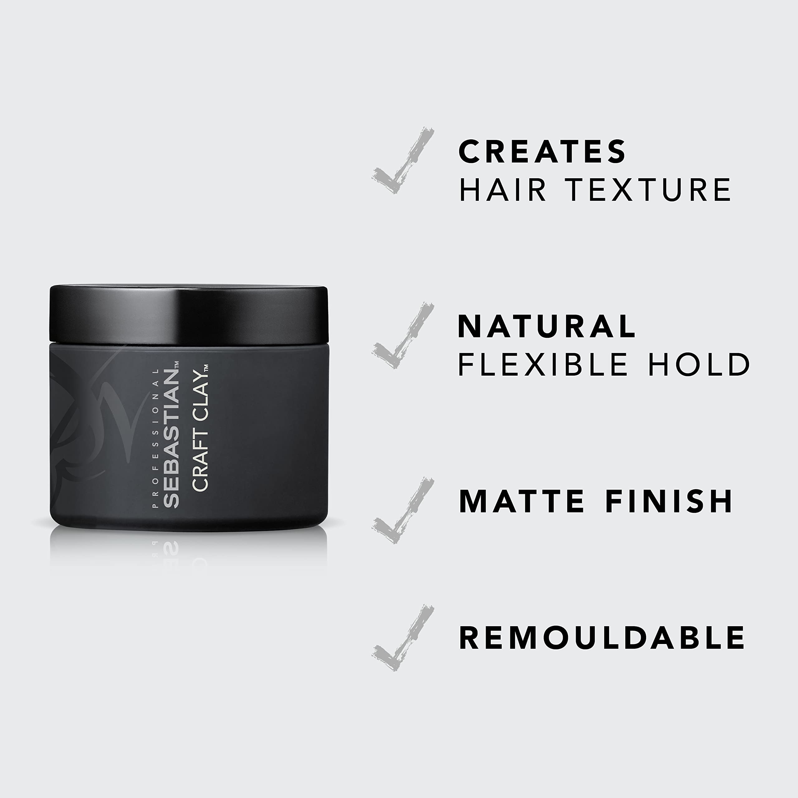 Sebastian Professional Craft Clay Hair Texturiser, Matte Finish and Natural, Flexible Hold, For Medium and Short Hair, Hair Styling Product, Professional Hair Care, 50g