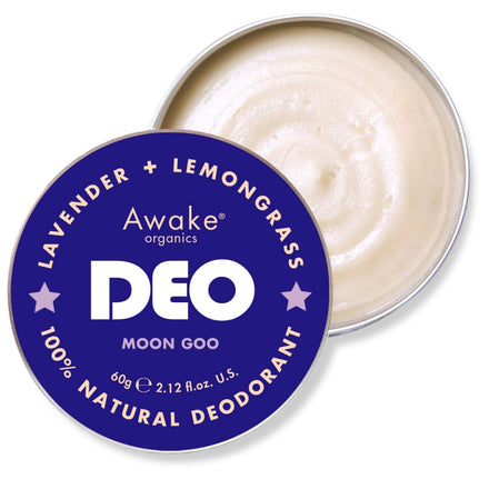 Awake Organics Natural Deodorant Balm - Moon Goo, 60g. Extra Strength. Lavender + Lemongrass. No Aluminium, Plastic Free, Cruelty Free. With Bicarb (Baking Soda) & Beeswax. Made in England.