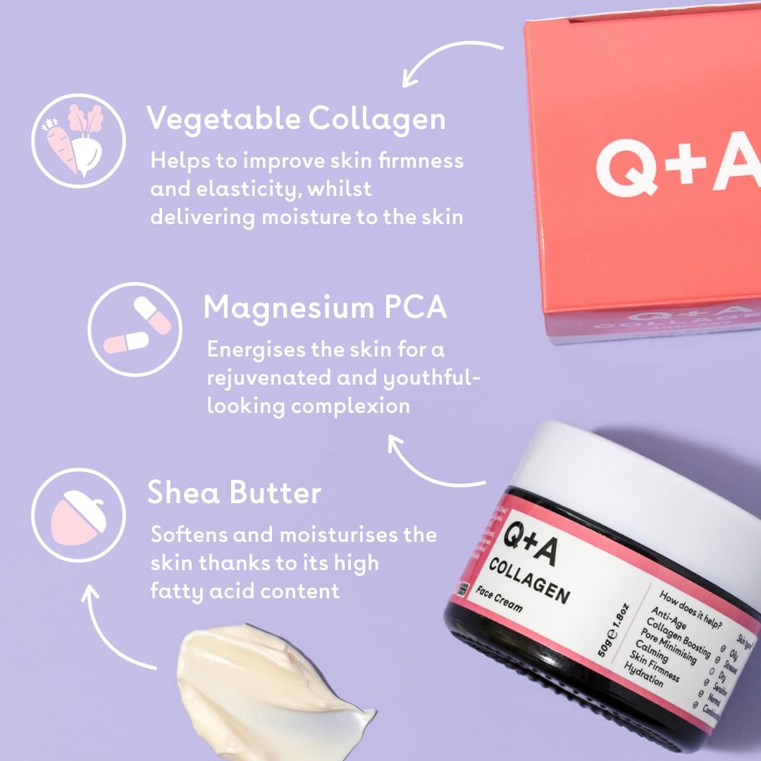 Q+A Collagen Face Cream (50g), Natural Skincare Anti-Ageing Face Care with plant-powered Collagen, Shea Butter and Magnesium, Hydrating and Firming Day Cream