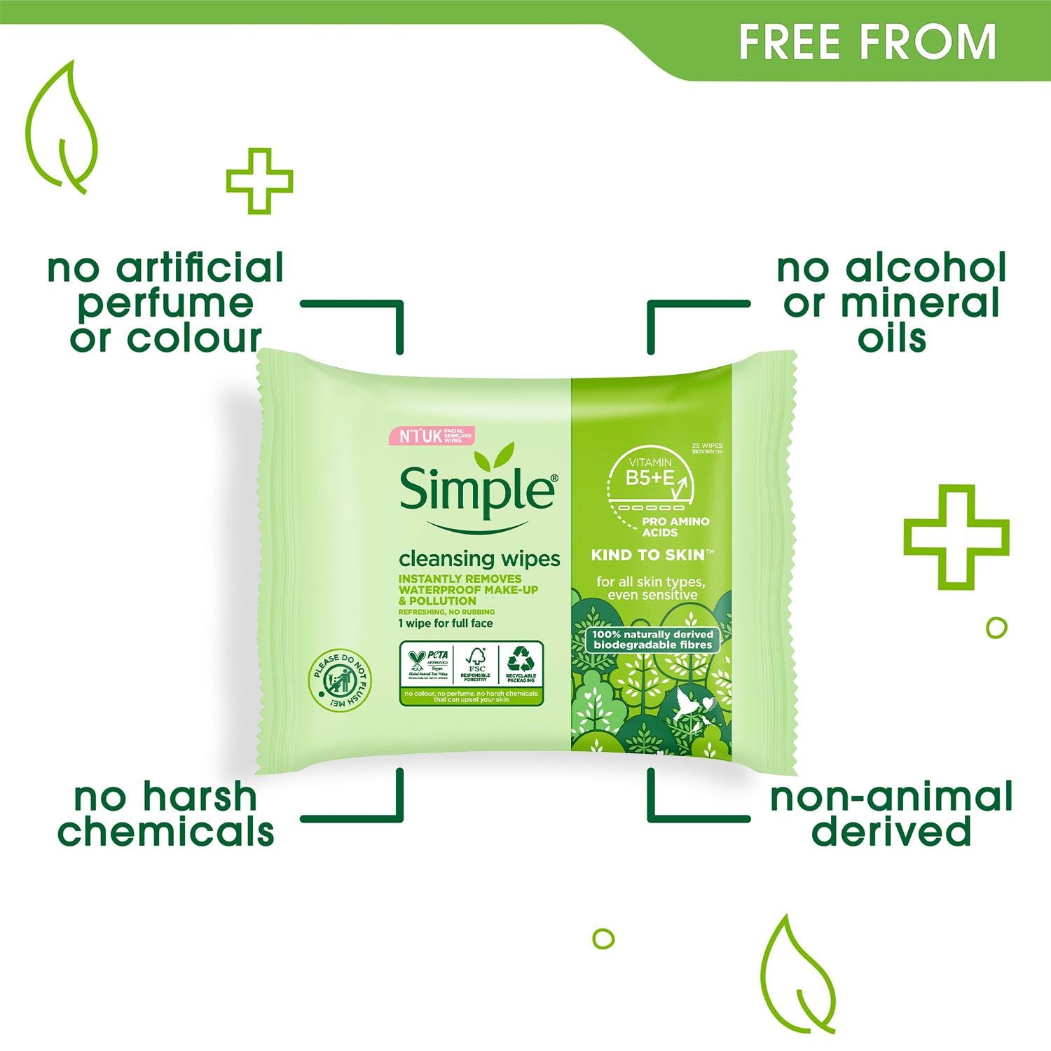 Simple Kind to Skin - Facial Wipes for sensitive skin with Glycerin, Vitamin E,and Vitamin B5 -25 Count (Pack of 6)
