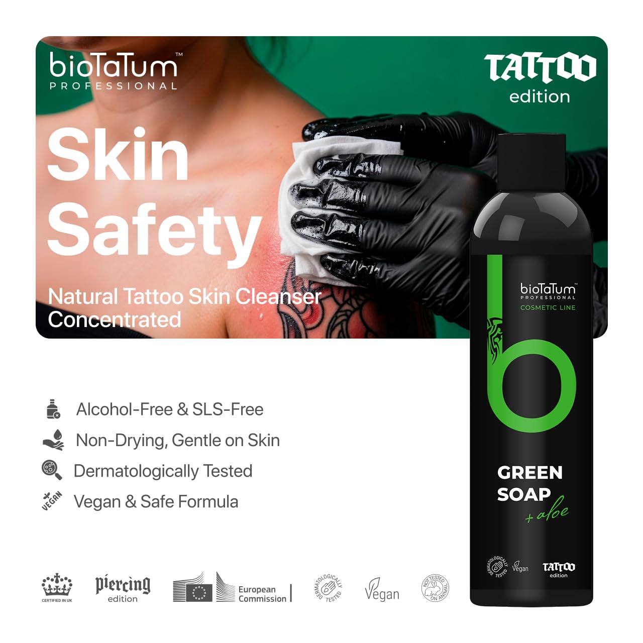 bioTaTum Tattoo Green Soap Concentrate - Professional Cleaner Foam - Cleansing Soothing Solution - Skin Clean Relieve Accessory, for Avoiding Stinging Or Skin Irritation - Cleaner Accessories