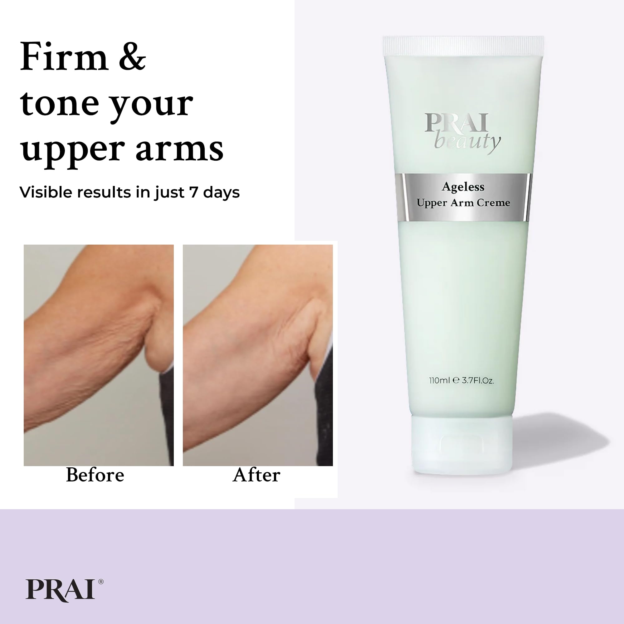 PRAI Ageless Upper Arm Creme 110ml - Advanced Firming & Anti-Ageing Body Cream - Moisturising & Tightening Lotion - With Caffeine & Caprylic/Capric Triglycerides - Tones Loose, Saggy Skin - Mint Scent