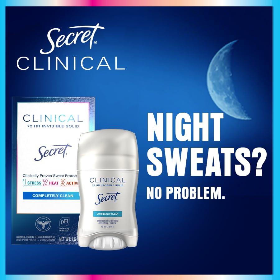 Secret Clinical Strength Antiperspirant Deodorant for Women, 3X Stress Protection, 72hr Sweat & Odor Protection, PH Balancing Minerals, Invisible Solid, Completely Clean Scent, 1.6 oz