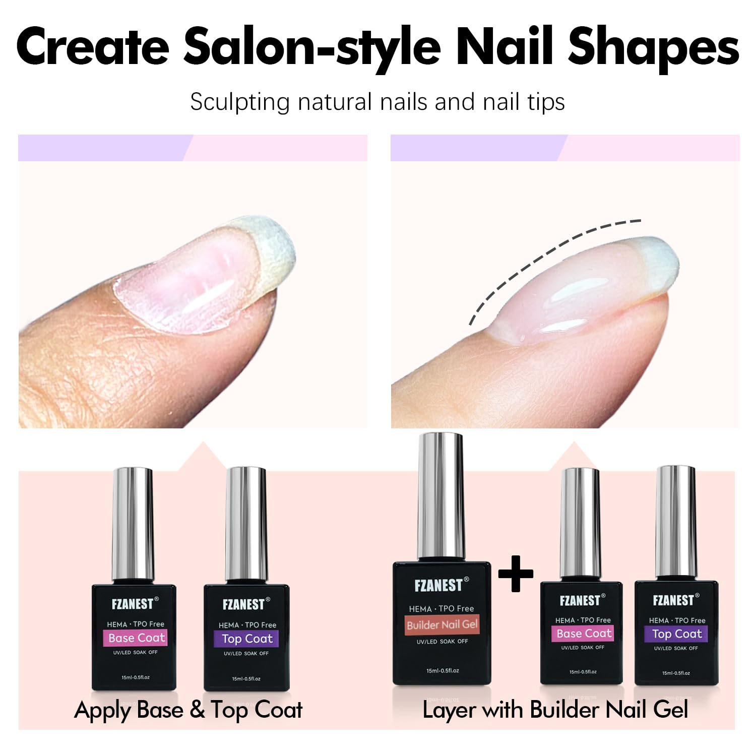 FZANEST Builder Nail Gel With Top and Base Coat HEMA Free, 15ml * 3pcs Gel Polish Kit for Nail Thickening Apex Extension Soak Off No Wipe Top Finish Base LED Lamp Cured