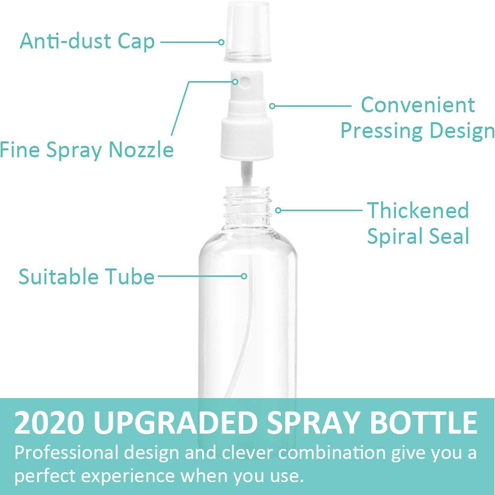 Spray Bottles, 1.69oz/50ml 3.38oz/100ml Clear Empty Fine Mist Plastic Mini Travel Bottle Set, Small Refillable Containers with Labels (3pcs 50ml)