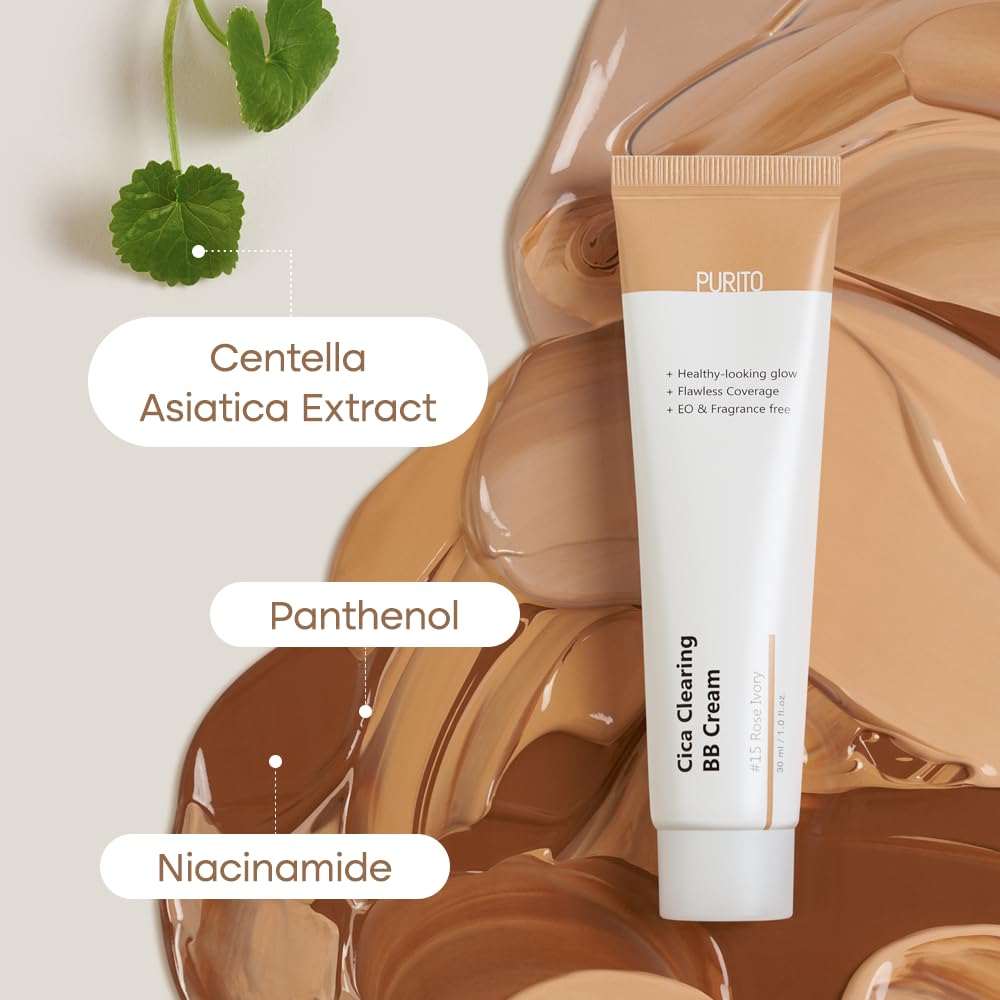 PURITO Cica Clearing BB Cream #21 Light Beige 1 fl.oz / 30ml, Vegan bb cream, foundation, cruelty free