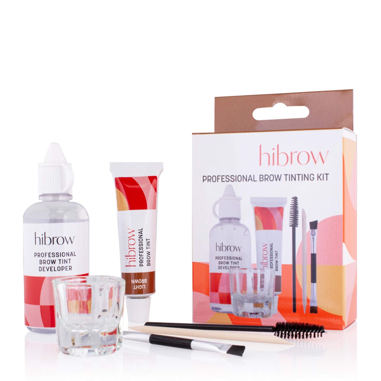 Hi Brow Professional Tinting Kit - Eyebrow Dye Full Size Set - 15ml Tint, 50ml Tint Developer, Glass Mixing Dish, Dual End Brush, Mascara Wand, Orange Wood Stick (Light Brown)