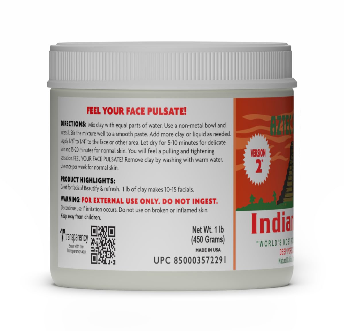 Aztec Secret - Indian Clay - Deep Pore Cleansing Facial & Body Mask, Natural Calcium Bentonite Clay, Version 2, Unscented, 450 g