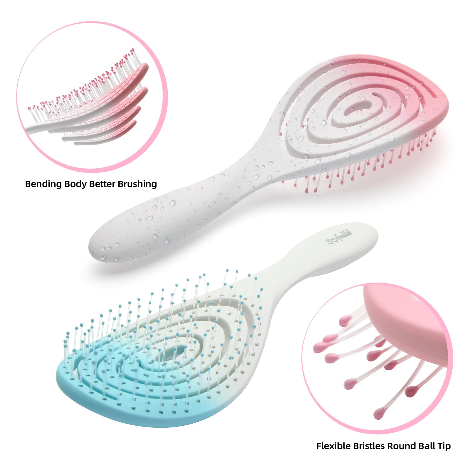 Hair Brush, 2 Pcs Detangling Brush 100% Bio-Friendly Detangler Brush with Soft Bristles for Straight, Curly, Women, Men, Kids Wet and Dry Hair, Glide Through Tangles Knots with Ease