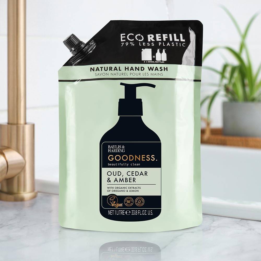 Baylis & Harding Goodness Oud, Cedar & Amber Hand Wash 1 Litre Pouch Refill (Pack of 4) - Vegan Friendly